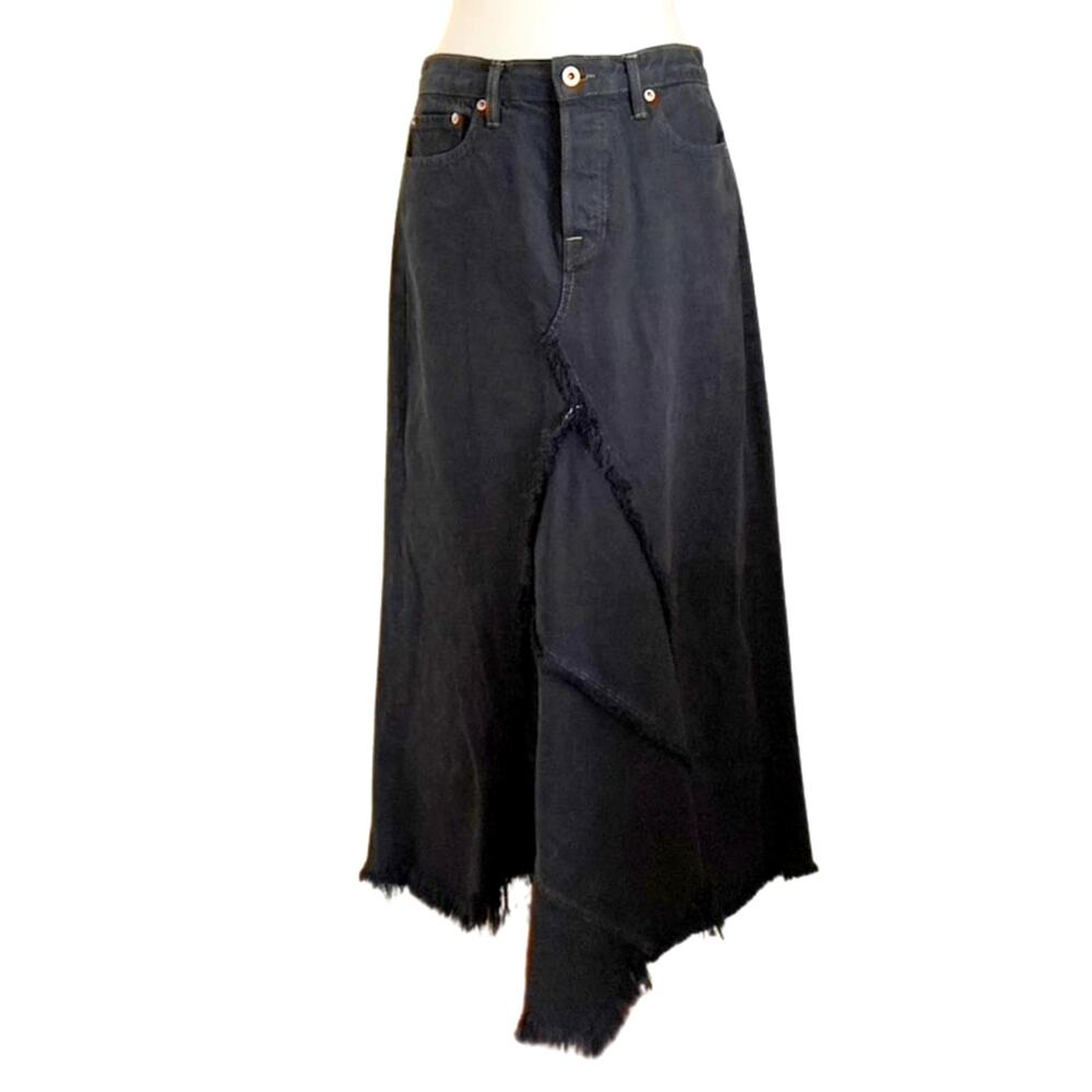 NSF Black Deconstructed Denim Midi Skirt with Raw Asymmetrical Hem
